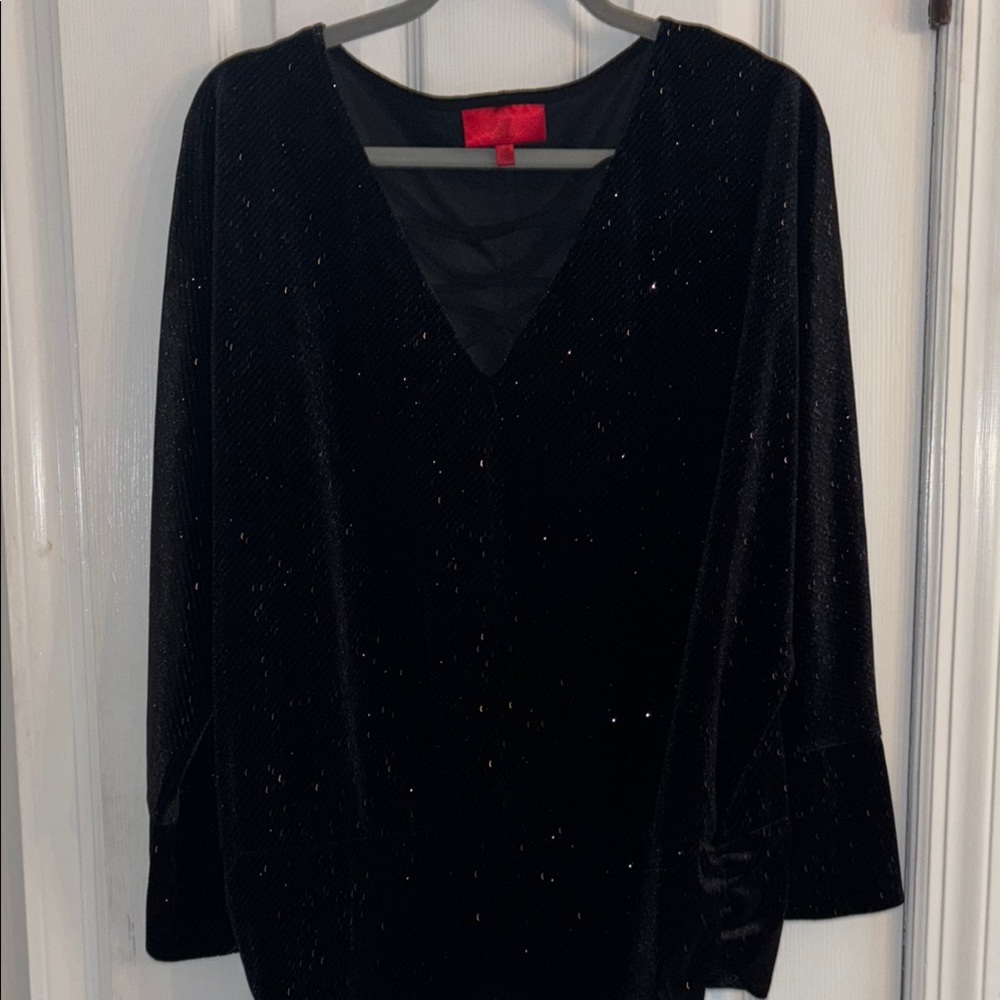 Jennifer Lopez Elegant Black Sequin Blouse long sleeves & crisscross neckline L